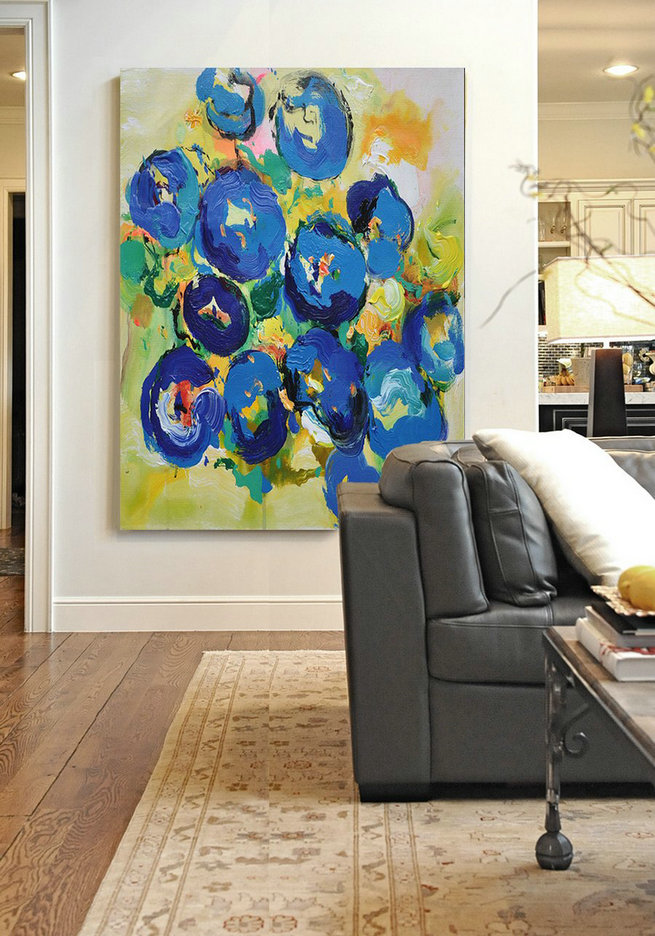 Large Abstract Painting,Vertical Palette Knife Contemporary Art,Big Painting,Blue,Yellow,Dark Blue.etc
